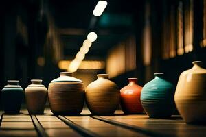 a row of vases on a wooden floor. AI-Generated photo