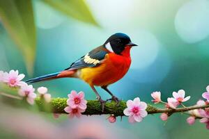 a colorful bird sits on a branch with pink flowers. AI-Generated photo