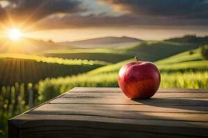 apple on a wooden table in the field. AI-Generated photo