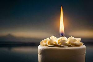 un soltero vela es iluminado en un pastel con un ver de el océano. generado por ai foto