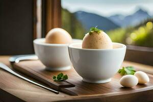 dos huevos en blanco tazas en un de madera bandeja. generado por ai foto