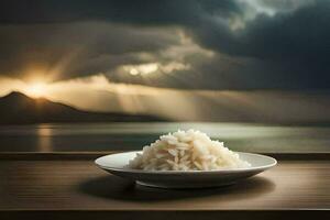 un plato de arroz en un mesa con un ver de el océano. generado por ai foto