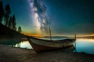 un barco se sienta en el apuntalar debajo un estrellado cielo. generado por ai foto