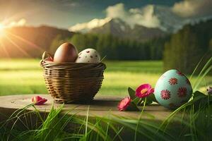 easter eggs in a basket on a grassy field. AI-Generated photo