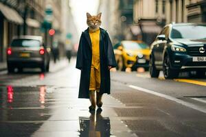 a cat in a raincoat walking down a street. AI-Generated photo