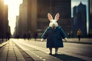 a rabbit dressed in a blue coat and tie stands on a city street. AI-Generated photo