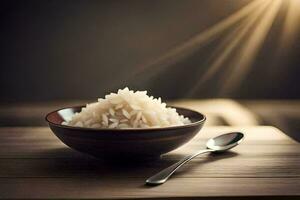 a bowl of rice on a table. AI-Generated photo