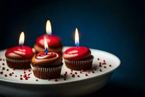 four chocolate cupcakes with candles on a plate. AI-Generated photo