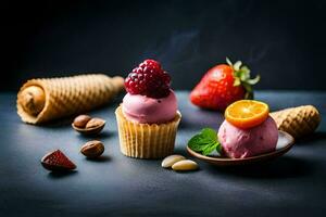 ice cream with strawberries and nuts on a dark background. AI-Generated photo