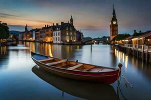 a boat sits on the water in front of a city. AI-Generated photo