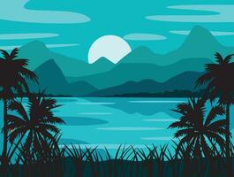 Landscape of palm trees, mountain, sea, sun, sky vector shape in blue color. Suitable for background design, backdrop, booklet, leaflet.