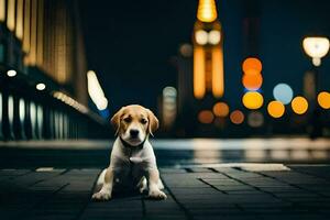 a puppy sitting on the ground in front of a city at night. AI-Generated photo