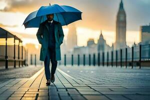 un hombre caminando en el lluvia con un sombrilla. generado por ai foto