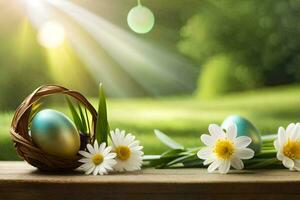 easter eggs in a basket on a sunny day. AI-Generated photo