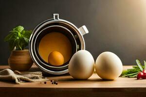 two eggs are sitting in an egg cooker. AI-Generated photo