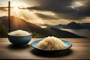 el arroz es en el mesa en frente de el cruzar. generado por ai foto