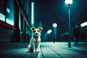 a dog sitting on the sidewalk at night. AI-Generated photo