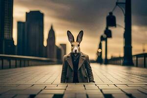 a rabbit wearing a suit and tie stands on a bridge. AI-Generated photo