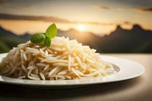 a plate of rice with a leaf on top. AI-Generated photo