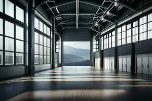 an empty warehouse with large windows and a mountain view. AI-Generated photo