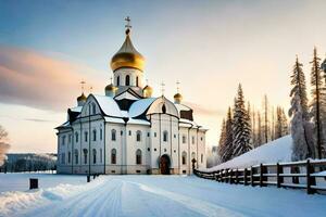 un Iglesia en el nieve con un dorado cúpula. generado por ai foto