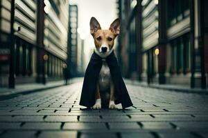 a dog wearing a cape on the street. AI-Generated photo