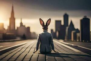 a rabbit wearing a suit and tie sits on the road. AI-Generated photo