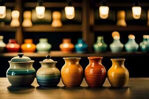 a row of colorful vases on a table. AI-Generated photo