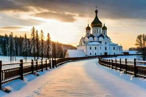 a church in the snow with a bridge. AI-Generated photo