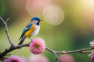 a blue and yellow bird is perched on a branch. AI-Generated photo