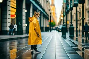 a man in a yellow raincoat standing on a street. AI-Generated photo