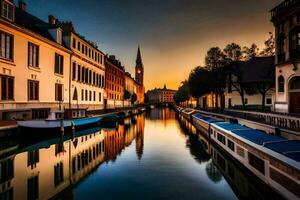 un canal en el medio de un ciudad a puesta de sol. generado por ai foto