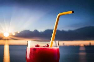 a glass of juice with a straw on the beach. AI-Generated photo
