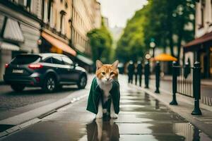 un gato en un impermeable caminando abajo un calle. generado por ai foto