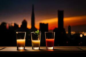 three glasses of juice with the city in the background. AI-Generated photo