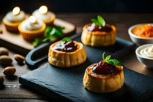 small cakes with jam and cherries on a black slate. AI-Generated photo