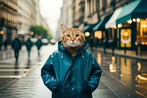 a cat wearing a raincoat on a city street. AI-Generated photo