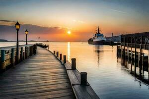 a wooden pier with a boat at sunset. AI-Generated photo