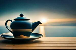 tea pot on a wooden table with sea in the background. AI-Generated photo