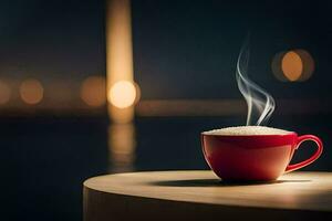 un rojo taza de café en un mesa con un borroso antecedentes. generado por ai foto