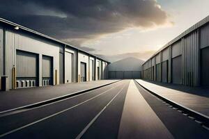 a long empty warehouse with a sky background. AI-Generated photo