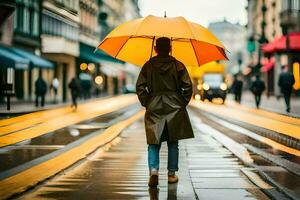a woman walking down a street with an umbrella. AI-Generated photo