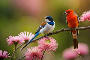 dos vistoso aves sentado en un rama con rosado flores generado por ai foto