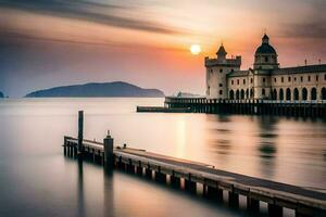 un largo exposición fotografía de un muelle y un castillo. generado por ai foto