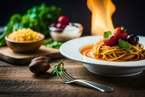 spaghetti with tomato sauce and cheese on a wooden table. AI-Generated photo