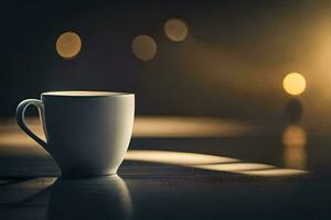 a coffee cup on a table with bokeh. AI-Generated photo