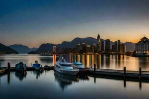 boats docked at the dock in front of a city at sunset. AI-Generated photo