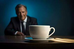 a man in a suit sits in front of a coffee cup. AI-Generated photo