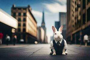 a bunny wearing a suit and tie sitting on the street. AI-Generated photo