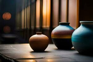 three vases sitting on a wooden table. AI-Generated photo